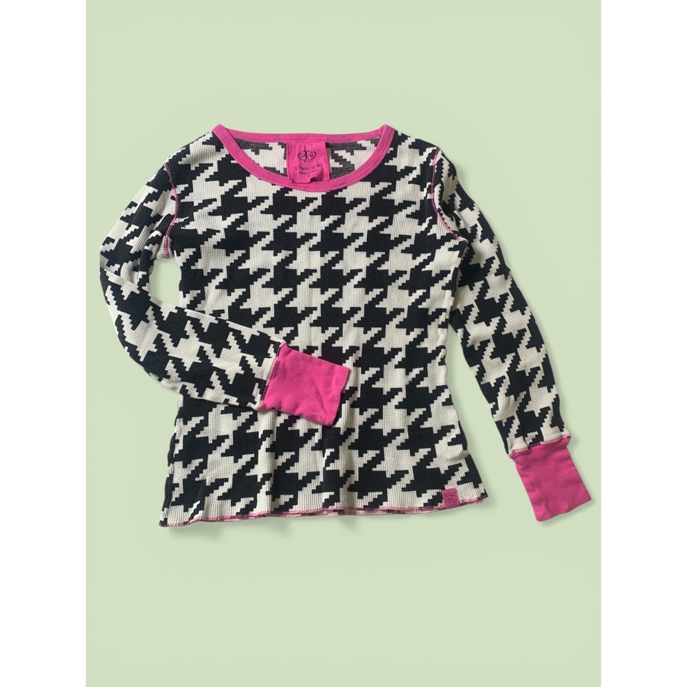 Victorias Secret Houndstooth‎ Y2K Thermal Top Pink Trim Cotton Waffle Knit